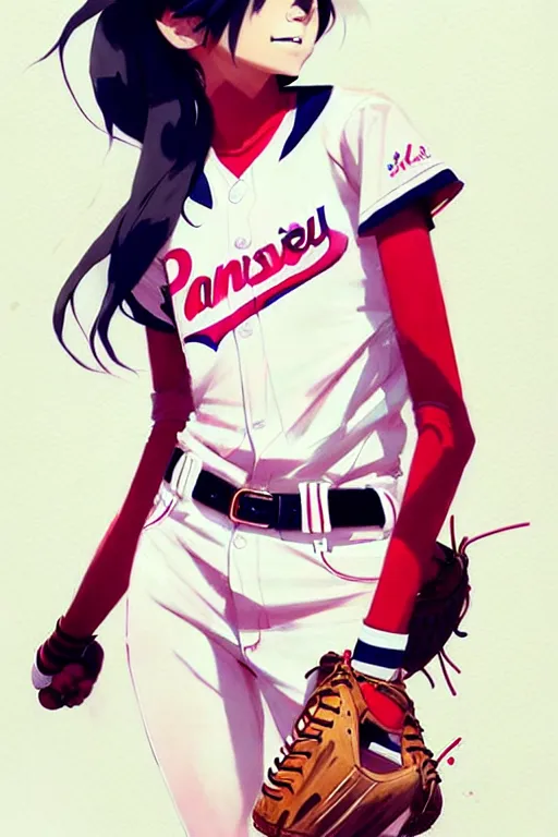 Image similar to a ultradetailed beautiful panting of a stylish girl in a baseball jersey, by conrad roset, greg rutkowski and makoto shinkai, trending on artstation