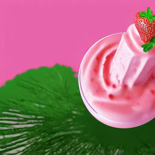 Image similar to 3 d render of a hovering pink milkshake with whipped cream with a slight sparkle and iridescent texture aginst a pink backdrop with slight sadow underneath and falling strawberries in the background, photorealistic, bold colours 4 k, cgsociety, blender, unreal engine 5, sharp details, 3 0 0 dpi