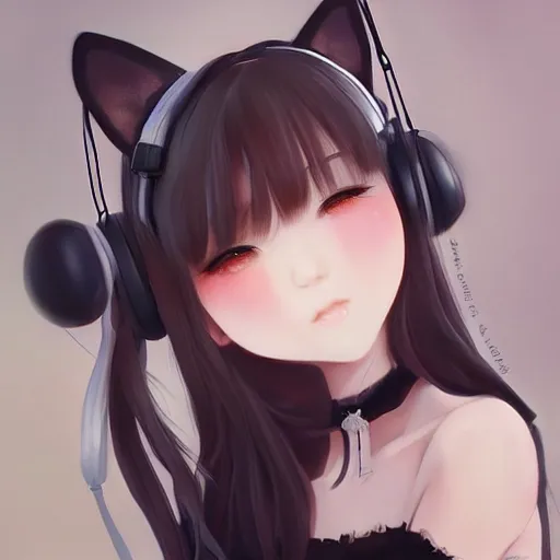 Image similar to realistic beautiful gorgeous buxom natural cute blushed shy girl Blackpink Lalisa Manoban black hair cute fur black cat ears, wearing white camisole, headphones, black leather choker artwork drawn full HD 4K highest quality in artstyle by professional artists WLOP, Taejune Kim, Guweiz on Pixiv Instagram Artstation