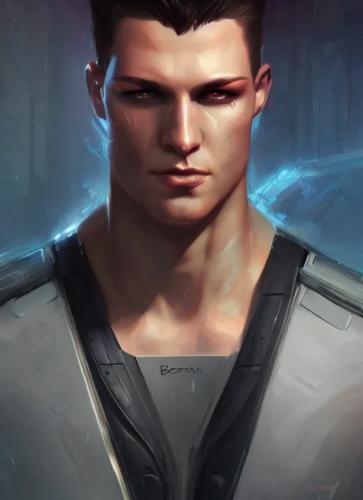 Image similar to « a portrait of a muscular cyberpunk male warrior, a digital painting by charlie bowater, featured on cgsociety, fantasy art, behance hd, wiccan, artstation hd »