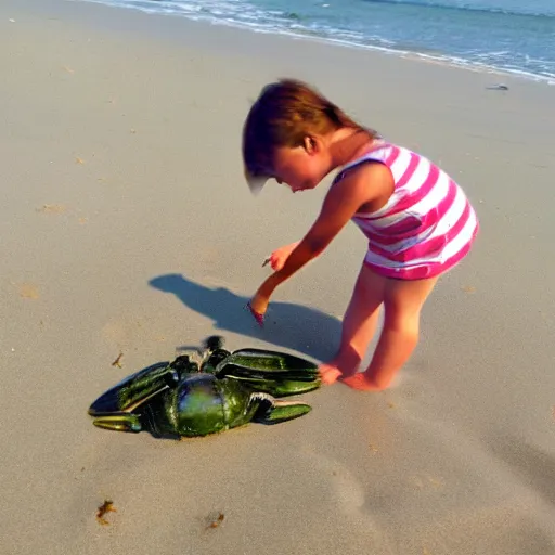 Image similar to of little girl raiding on crab on the beach.