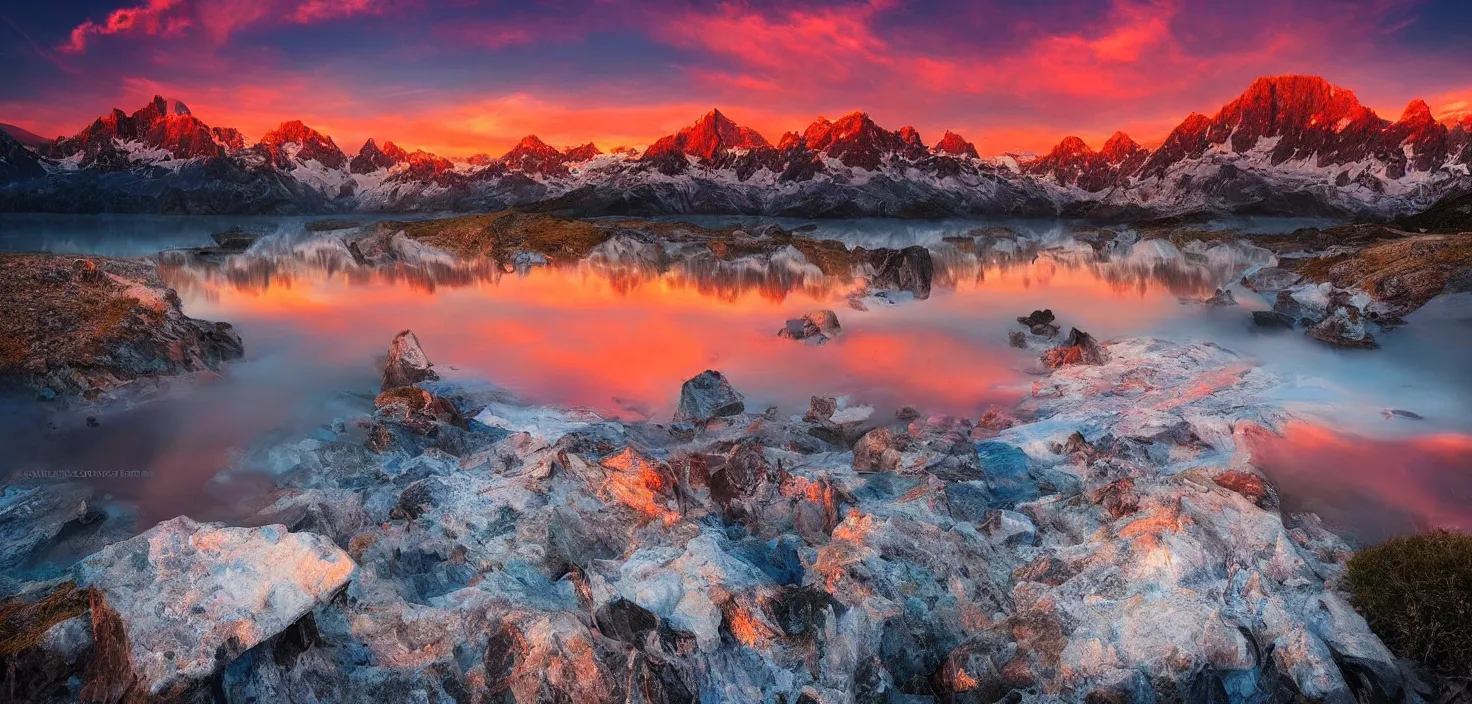 Image similar to amazing landscape photo of mountains with lake in sunset by marc adamus, beautiful dramatic lighting