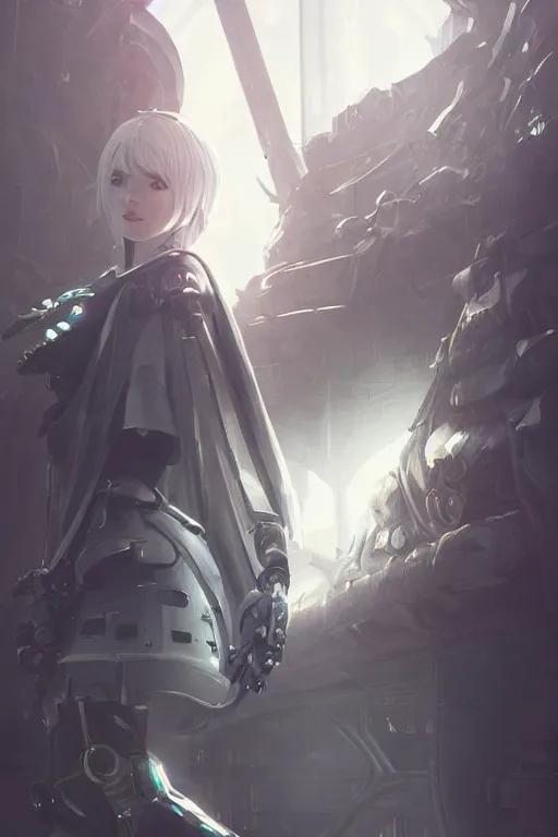 Prompt: beautiful cyborg priestess, scifi, perfect face, futuristic, elegant cape, aura of light, glow, nier automata, concept art, decorations, sharp focus, inside a space ship, trending on artstation, hwang se - on, intricate, advanced technology, art by roman makarenko