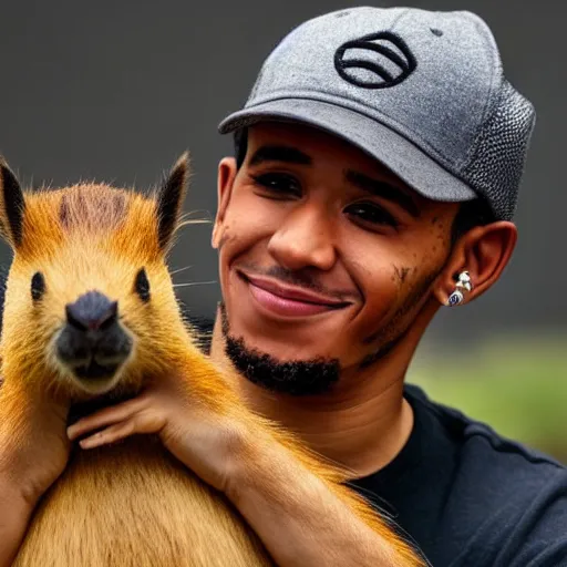 Image similar to an award winning photo of lewis hamilton holding a baby capybara, 4 k