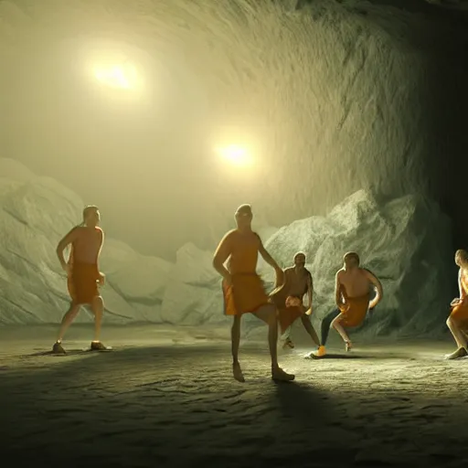 Prompt: high resolution unreal engine render of cavemen playing basketball inside cave at night, cave lit by torch light, stalagmites