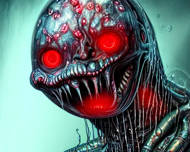 Image similar to sketch of realistic long textured demon wet humanoid alien, smoke, large alien eyes, metallic reflective human teeth dripping greenish acid saliva from teeth, thin red veins, intricate grey fish scales, ornate, cinematic light shadows, reflections, crawling in a wet sewer pipe, dim flashlight lighting, insanely detailed, fisheye lens