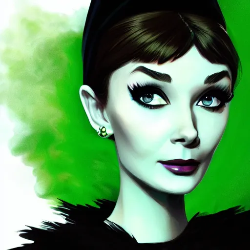 Image similar to portrait of audrey hepburn as malefica, green smoke leaving his empty eyes, mattepainting concept blizzard pixar maya engine on stylized background splash comics global illumination lighting artstation lois van baarle, ilya kuvshinov, rossdraws