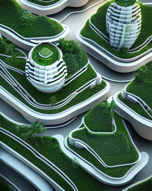 Prompt: 3 d illustration cycles render of futuristic environmental city architecture with building terraces covered in vegetation and high rise structures connected by bridges on multiple different levels by beeple and annibale siconolfi