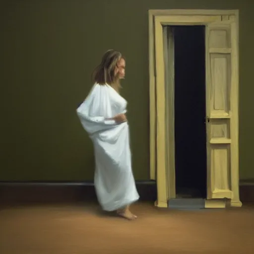 Prompt: a hyper realistic oil painting of a ghost standing at a corner being caught on the camera the ghost is looking at the camera while rising her foot 3 d