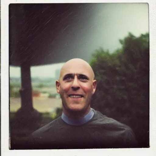 Prompt: old polaroid of a bald guy in the rain while a lighting strike hits his head