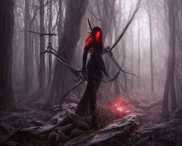 Image similar to 5 5 mm portrait photo of an demonic hunter with red eyes, looking at the camera, in a magical forest. magical atmosphere. art by greg rutkowski and luis royo. highly detailed 8 k. intricate. lifelike. soft light. nikon d 8 5 0.