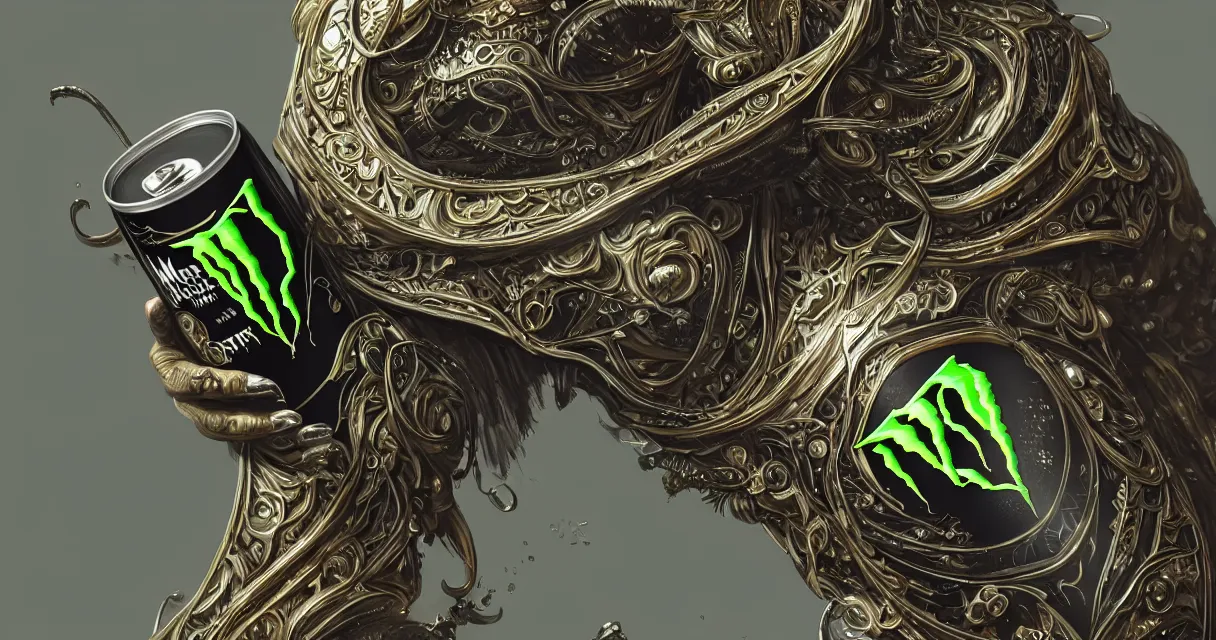 Image similar to aluminian can of monster energy drink, intricate and very very beautiful and elegant, highly detailed, digital painting, artstation, concept art, smooth and sharp focus, illustration