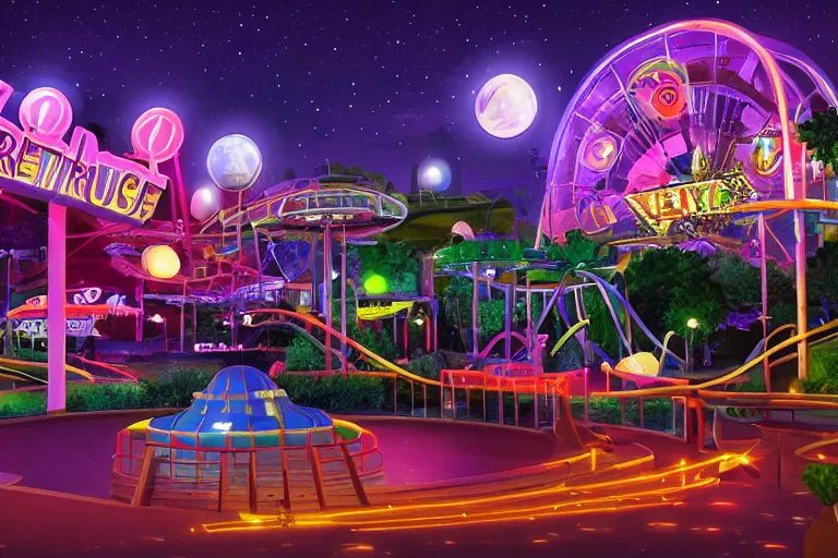 Image similar to retrofuturistic theme park, night glow