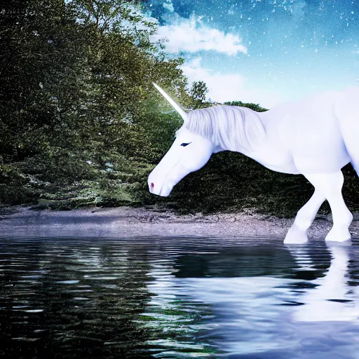 Image similar to a photograph of a white unicorn drinking from a lake. the moon shines on the unicorn. beautiful artstation, incredibly realistic, high quality, 8 k, hdr, incredibly detailed.