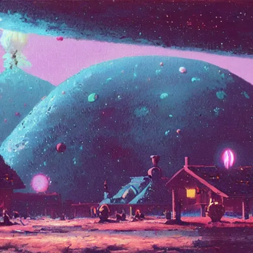 Prompt: a village on Neptune by paul lehr,