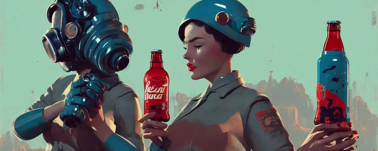 Image similar to duotone noir concept illustration 3 / 4 portrait of vintage female fallout 4 model in retro space suit advertising bottles nuka cola. accidental renaissance. by sachin teng and sergey kolesov and ruan jia and heng z. graffiti art, scifi, fantasy, hyper detailed. octane render. concept art. trending on artstation