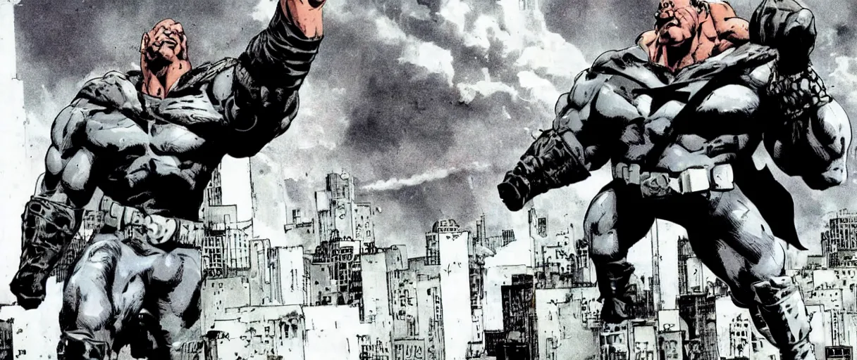 Image similar to A promotional photo of Bane. He's a big guy for you; The Dark Knight Returns