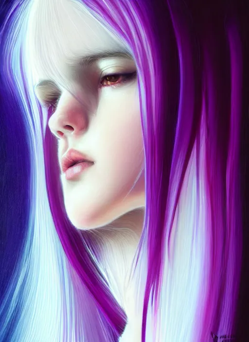 Image similar to hair whitebangs hair, black hair, whitebangs, portrait of teenage girl with white bangs, red irises, purple clothes, white bangs, bangs are different color from hair, intricate, elegant, glowing lights, highly detailed, digital painting, artstation, concept art, smooth, sharp focus, illustration, art by wlop, mars ravelo and greg rutkowski