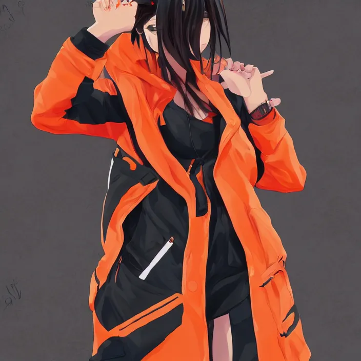 Image similar to full body pose, anime Japanese girl in streetwear, orange jacket, Very highly detailed 8K, Digital painting