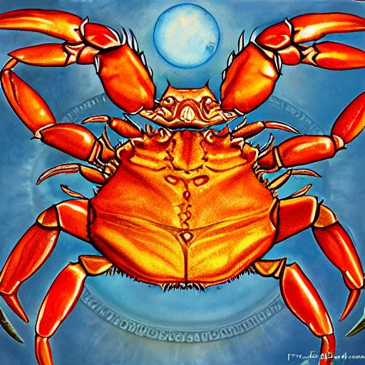 Image similar to detailed and sharp portrait of crab zodiac artwork, mystic style, detailed, 8 k, detailed, symmetrical, by brian froud