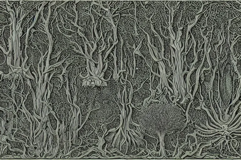 Prompt: exotic forest of ents, in the style of Ernst Haeckel ,trending on artstation, halftone, macro, ,