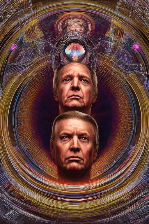 Prompt: cinematic portrait of an Donald Trump emperor. Centered, uncut, unzoom, symmetry. charachter illustration. Dmt entity manifestation. Surreal render, ultra realistic, zenith view. Made by hakan hisim feat cameron gray and alex grey. Polished. Inspired by patricio clarey, heidi taillefer scifi painter glenn brown. Slightly Decorated with Sacred geometry and fractals. Extremely ornated. artstation, cgsociety, unreal engine, ray tracing, detailed illustration, hd, 4k, digital art, overdetailed art. Intricate omnious visionary concept art, shamanic arts ayahuasca trip illustration. Extremely psychedelic. Dslr, tiltshift, dof. 64megapixel. complementing colors. Remixed by lyzergium.art feat binx.ly and machine.delusions. zerg aesthetics. Trending on artstation, deviantart