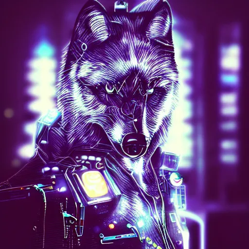 Image similar to portrait of half cybernetic wolf, l machine, animal, wires and translucent liquid, cyberpunk, robot wolf, mechanical parts, jewelry, editorial photography, neons, blade runner, futuristic style, realistic bokeh and depth of field, award winning, establishing shot