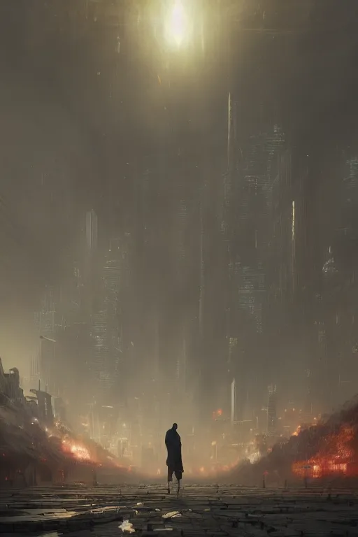 Prompt: A person standing in the foreground of a never ending city by Greg Rutkowski, Sung Choi, Mitchell Mohrhauser, Maciej Kuciara, Johnson Ting, Maxim Verehin, Peter Konig, final fantasy , 8k photorealistic, cinematic lighting, HD, high details, dramatic, dark atmosphere, trending on artstation