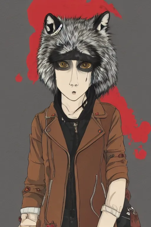Prompt: portrait of a punk girl in a leather jacket wearing a wolf's head over her face, anime sketch, cool girl with wolf on her head, studio ghibli, miyazaki