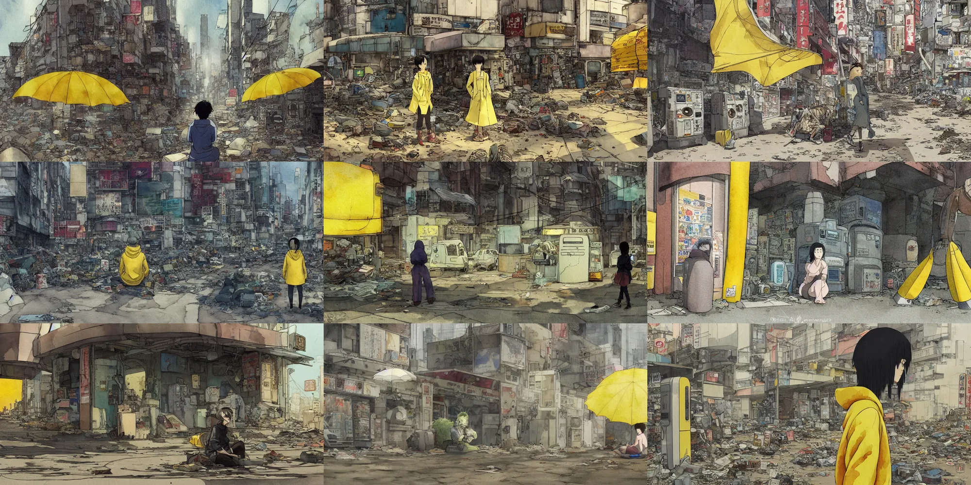 Prompt: incredible curvilinear screenshot, simple watercolor, paper texture, katsuhiro otomo ghost in the shell movie scene, distant shot of hoody girl side view sitting under a yellow parasol in deserted dusty shinjuku junk town, broken vending machines, old pawn shop, bright sun bleached ground, mud, fog, dust, windy, scary chameleon face muscle robot monster lurks in the background, big robot hand, robot ghost mask, teeth, animatronic, black smoke, pale beige sky, junk tv, texture, strange, impossible, fur, spines, mouth, pipe brain, shell, brown mud, dust, bored expression, overhead wires, telephone pole, dusty, dry, pencil marks, genius party,shinjuku, koju morimoto, katsuya terada, masamune shirow, tatsuyuki tanaka , hd, 4k, remaster, dynamic camera angle, deep 3 point perspective, fish eye, dynamic scene