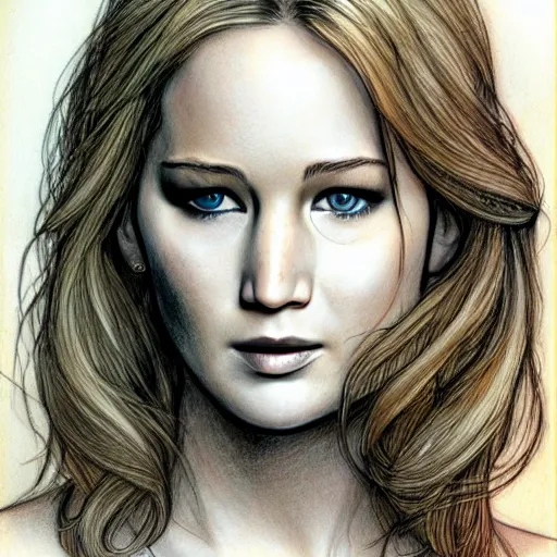 Image similar to Milo Manara drawing, woman with Jennifer Lawrence's face, detailed, 4k