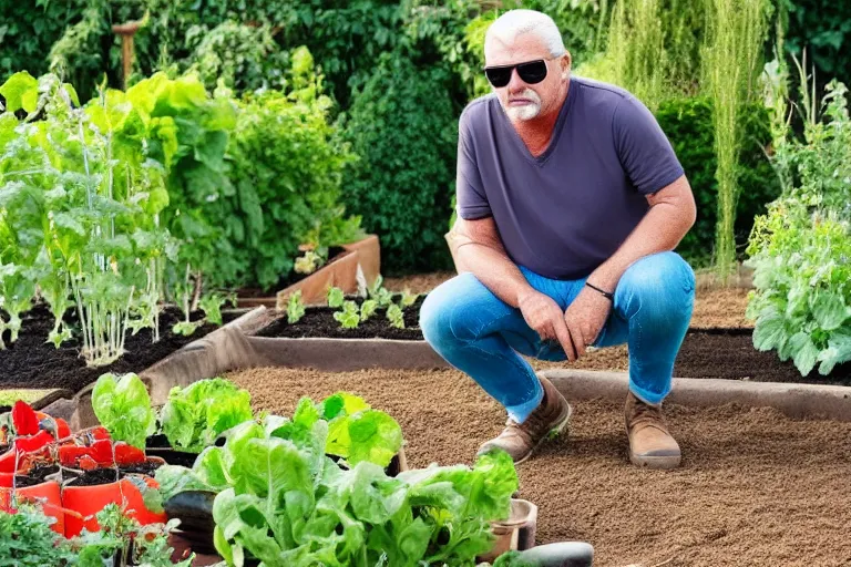 Prompt: middle - age - man wearing sunglasses looking down to the ground kneeling beside a healthy luscious beautiful vegetable garden with gardening tool leaning by his side