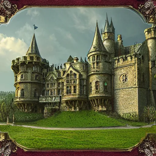 Image similar to England and Wales fairytale victorian castle with a fairytale green roof photorealistic cinematic highly detailed 19th century photorealistic