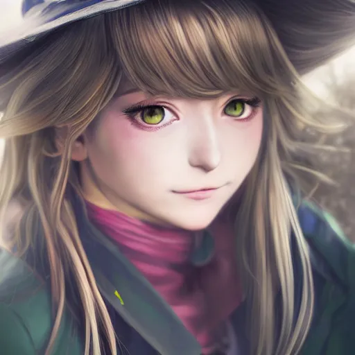 Image similar to portrait of marisa kirisame from touhou project ultra realistic, highly detailed, sharp focus, cinematic lighting, mood lighting, realistic, vivid colors, painting, photorealistic, digital art, non blurry, sharp, smooth, illustration, 4 k, artstation,