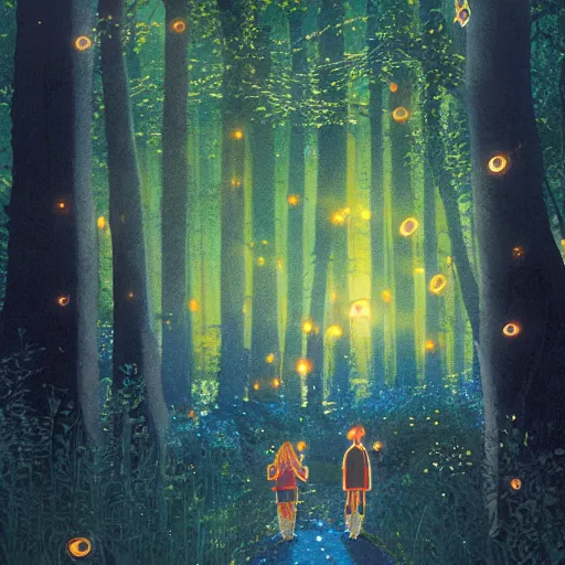 Image similar to a family walking in a beautiful luminous forest at night with fireflies, beautiful lighting, risograph, by ghibli, ross tran, hiroshi yoshida, klimt