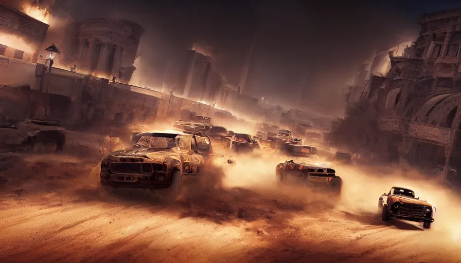 Prompt: truck racing in las vegas's ruins, sandstorm, lightning, fire, hyperdetailed, artstation, cgsociety, 8 k