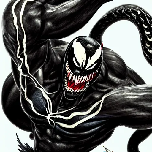 Image similar to venom as a good hero, hyper detailed masterpiece, digital art painting, hyper realism aesthetic