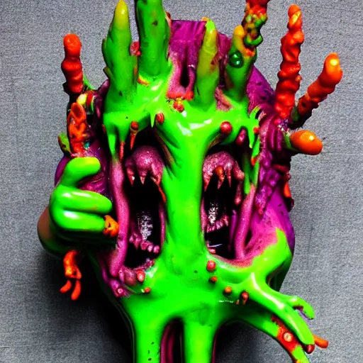 Image similar to a cute and colorful grimy slimepunk ooze monster sculpture