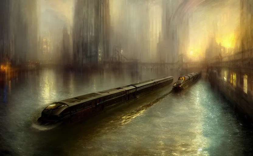 Image similar to an urban train rides inside of a waterway on a fantasy city. by artstation trending, by joseph mallord william turner, luis royo, konstantin razumov, cinematic lighting, fractal flame, highly detailed