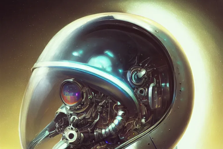 Prompt: portrait of a biomechanical head inside a futuristic space helmet, vintage, neon, white metal, iridescent visor, smooth, sharp focus, high detail, deviantart, artstation, art by Greg Rutkowski,