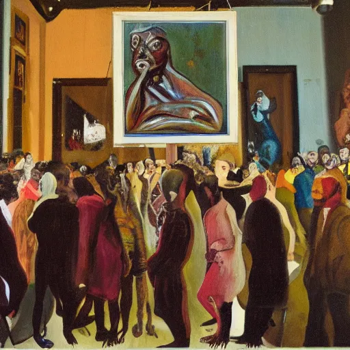 Prompt: a painting by francis bacon of a crowd around a sculpture of a deformed human body in the middle of a museum