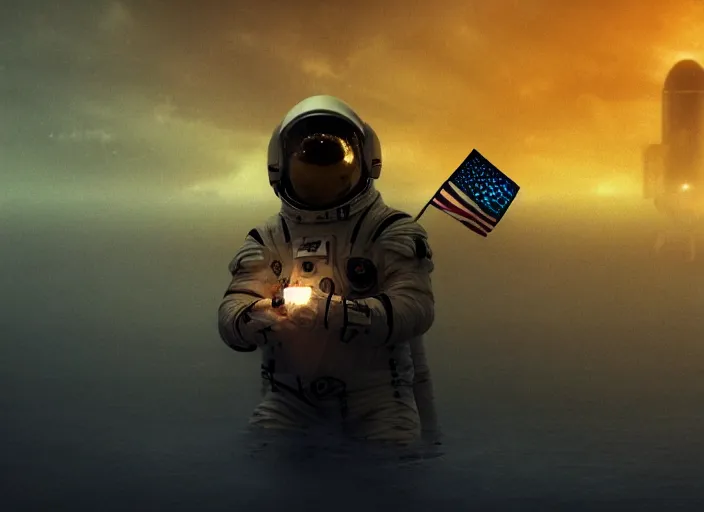 Image similar to astronaut holding a flag in an underwater desert. a submarine is visible in the distance. dark, concept art, cinematic, dramatic, atmospheric, 8 k, trending on artstation, blue, fish, low visibility, fog, ocean floor, christopher nolan, interstellar