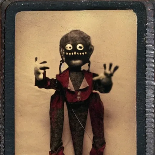 Image similar to creepy marionette puppet, clockwork horror, pediophobia, lost photograph, forgotten, final photo found before disaster, polaroid,