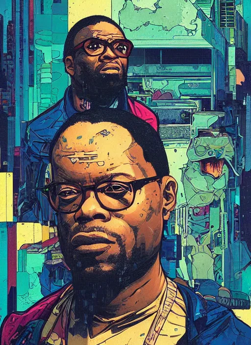 Prompt: chidi igwe. cyberpunk mercenary portrait illustration, pop art, splash painting, art by geof darrow, ashley wood, alphonse mucha, makoto shinkai