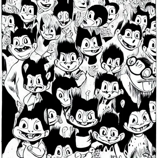 Image similar to black and white illustration of Alvin and the Chipmunks in the style of Junji Ito