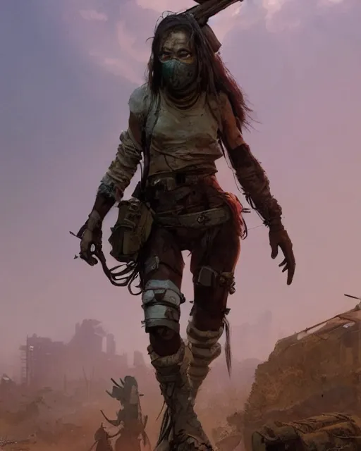 Image similar to hyper realistic photo of postapocalyptic nomad girl, full body, cinematic, artstation, cgsociety, greg rutkowski, james gurney, mignola, craig mullins, brom