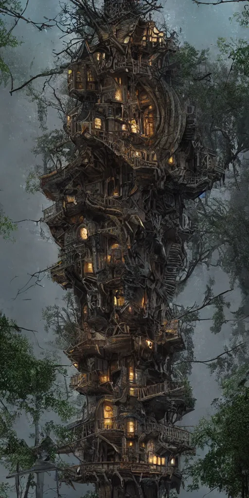 Image similar to ultra realistic and intricate detailed giant villain tech treehouse on the middle of the city, evil, devil, bloody, night, high technology, innovation, Dark evil style, artstation, unreal render, depth of field, ambient lighting, award winning, stunning