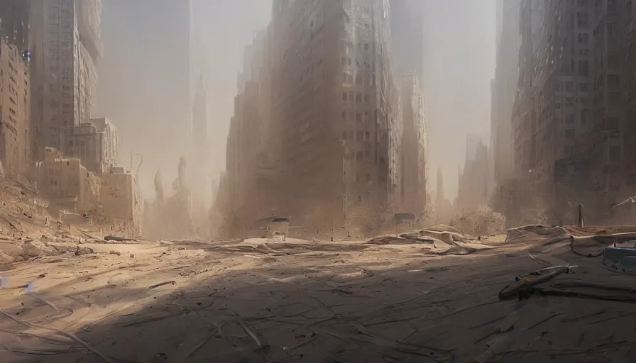 Prompt: New York under tons of sand after a sandstorm, hyperdetailed, artstation, cgsociety, 8k