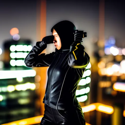 Image similar to photographic portrait of a techwear woman holding a bullet up to the camera, closeup, on the rooftop of a futuristic city at night, sigma 85mm f/1.4, 4k, depth of field, high resolution, full color, award winning photography, inspired by Kill Bill, inspired by John Wick, inspired by Die Hard, movies with guns, movie firearms