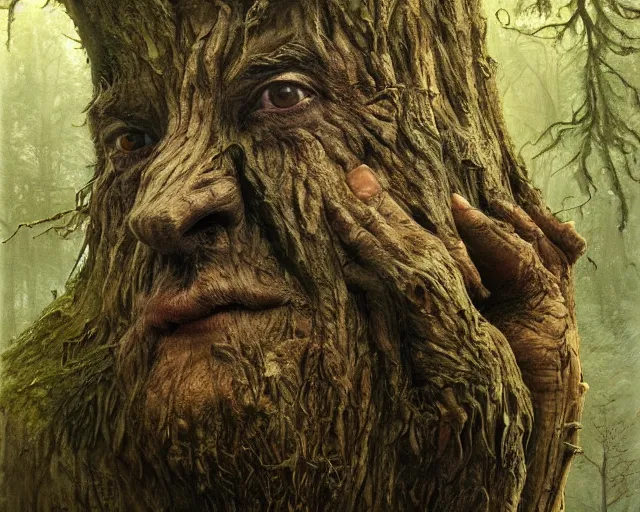 Prompt: a talking tree, a face in the bark, nose made of wood, mouth in the bark, eyes in the bark, fantasy concept art, digital oil painting, hyperrealistic, treebeard, ent, magical, highly detailed, artstation, cgsociety, in the forest, by alan lee, by artgerm